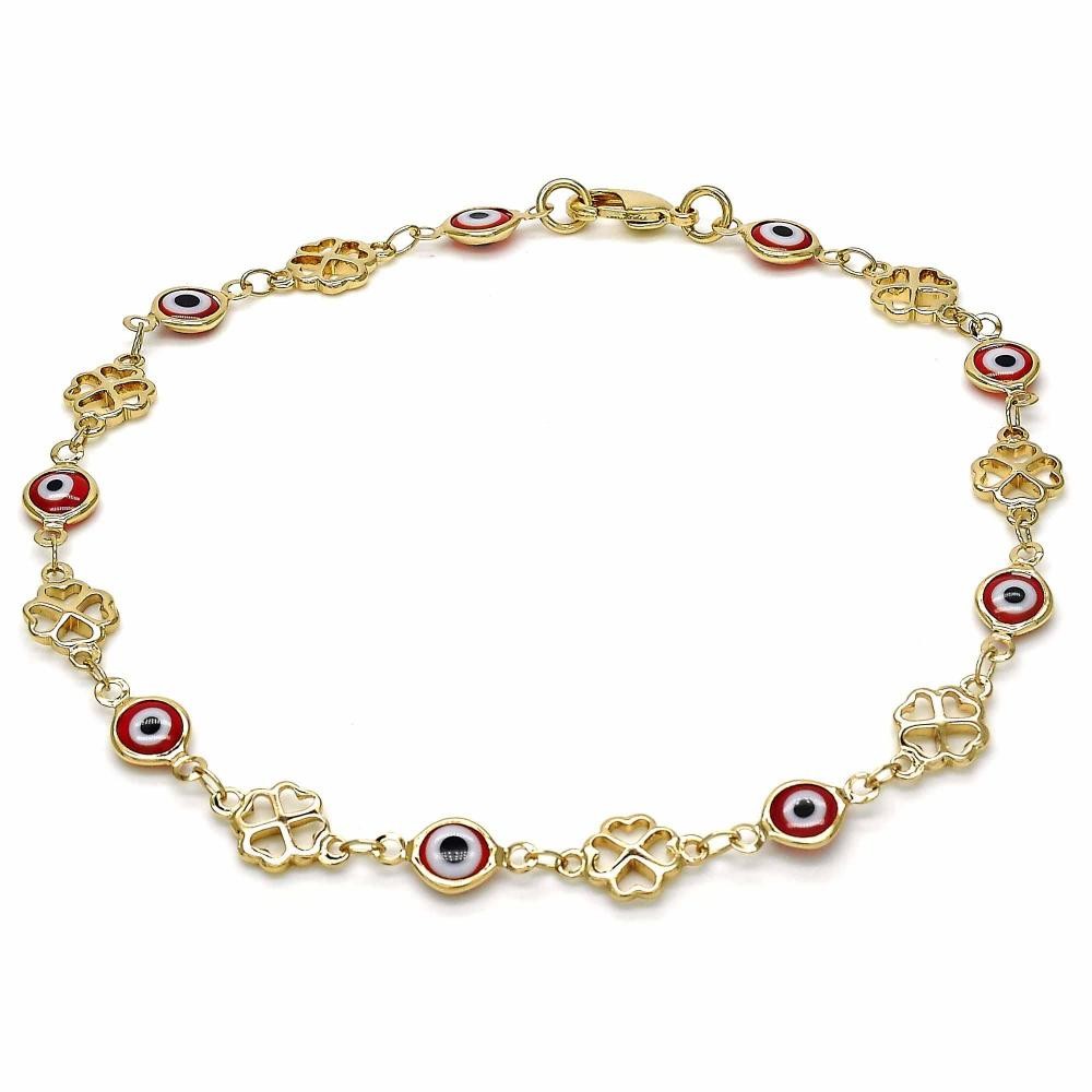 Gold Filled Fancy Anklet Greek Eye and Four-leaf Clover Design Red Resin Finish Golden Tone