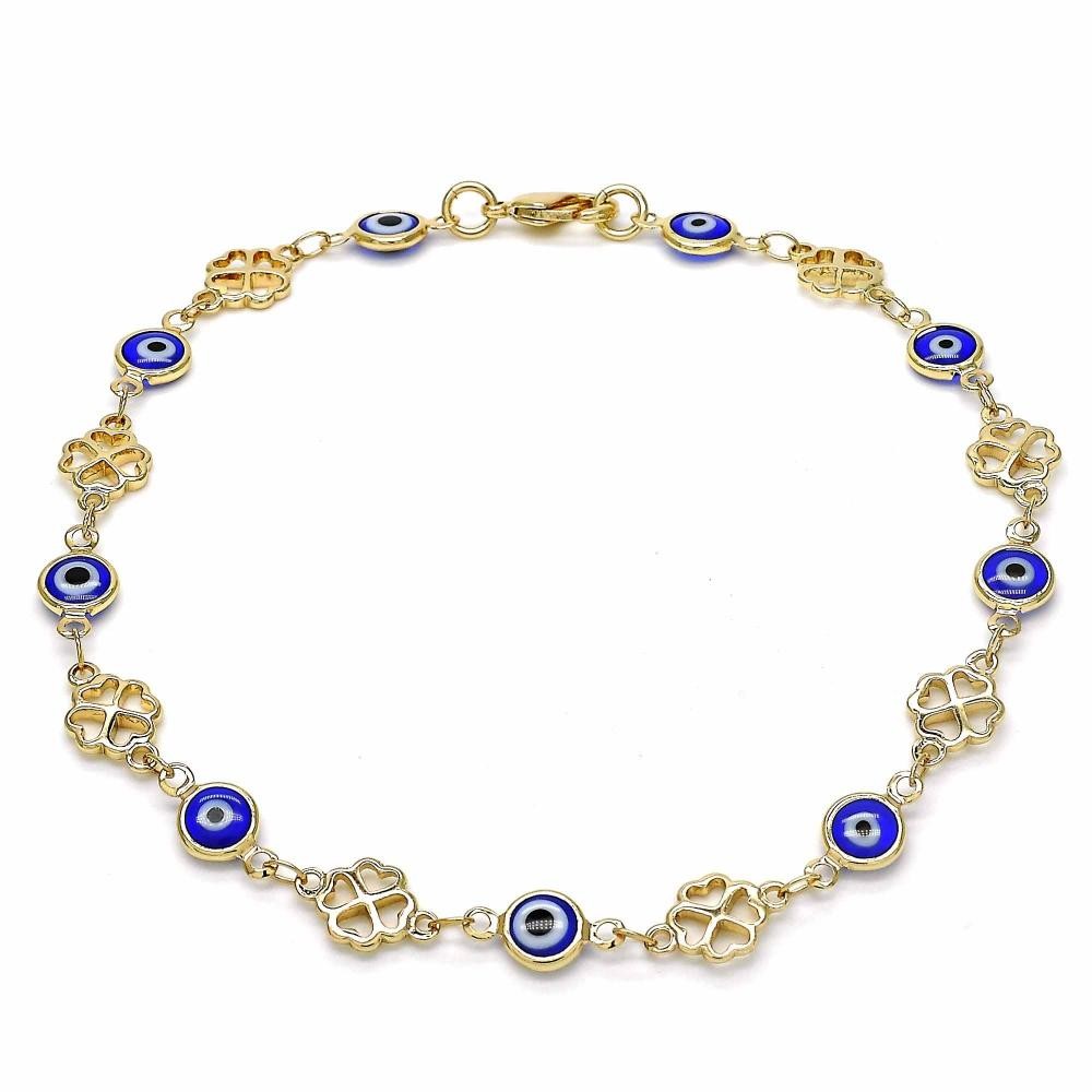Gold Filled Fancy Anklet Greek Eye and Four-leaf Clover Design Blue Resin Finish Golden Tone
