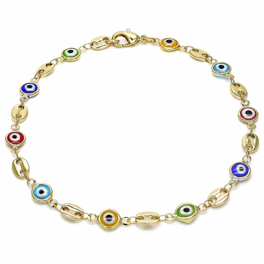Gold Filled Fancy Anklet Greek Eye Design Multicolor Resin Finish Golden Tone