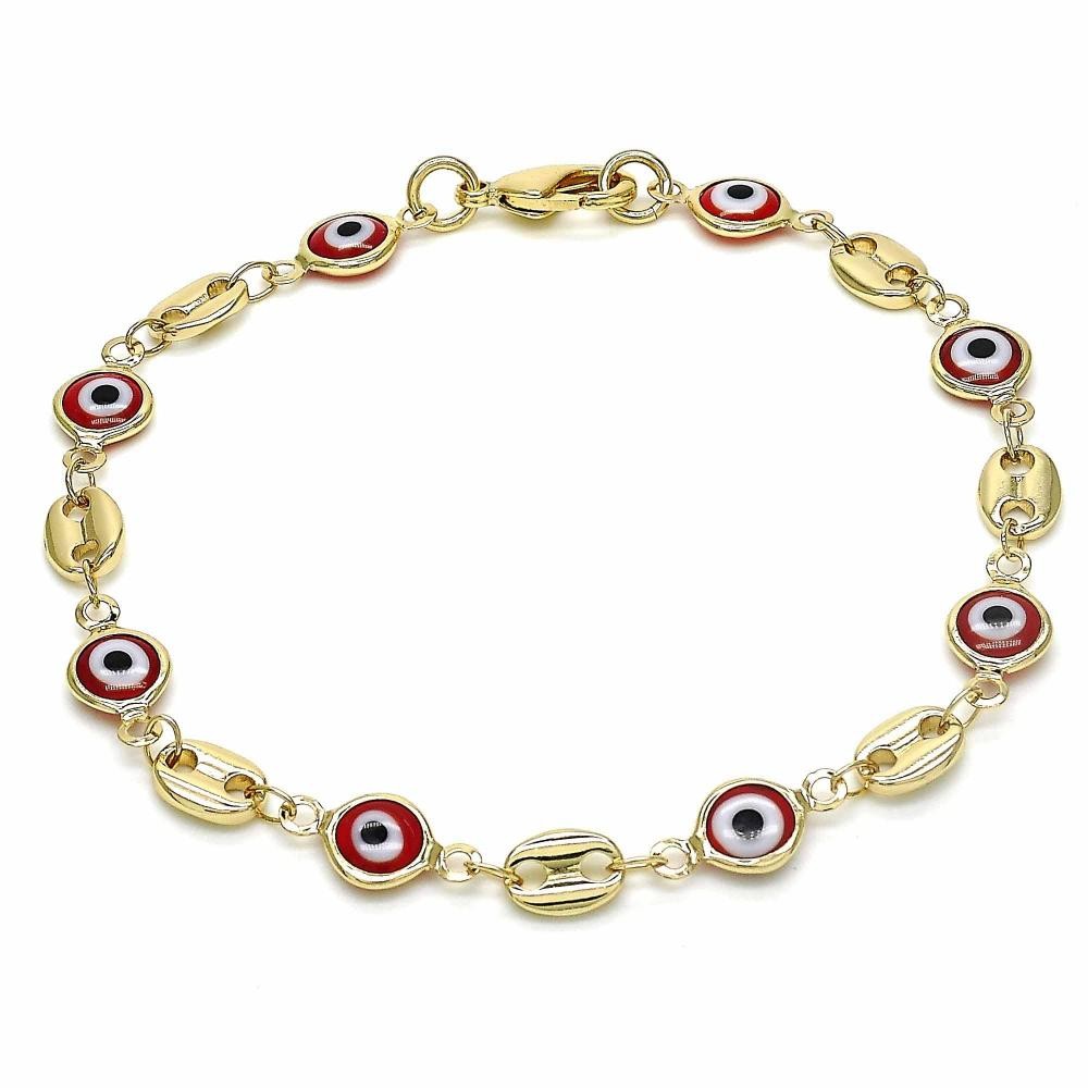 Gold Filled Fancy Bracelet Greek Eye Design Red Resin Finish Golden Tone
