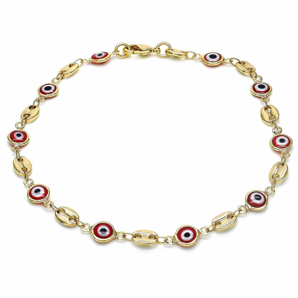Gold Filled Fancy Anklet Greek Eye Design Red Resin Finish Golden Tone