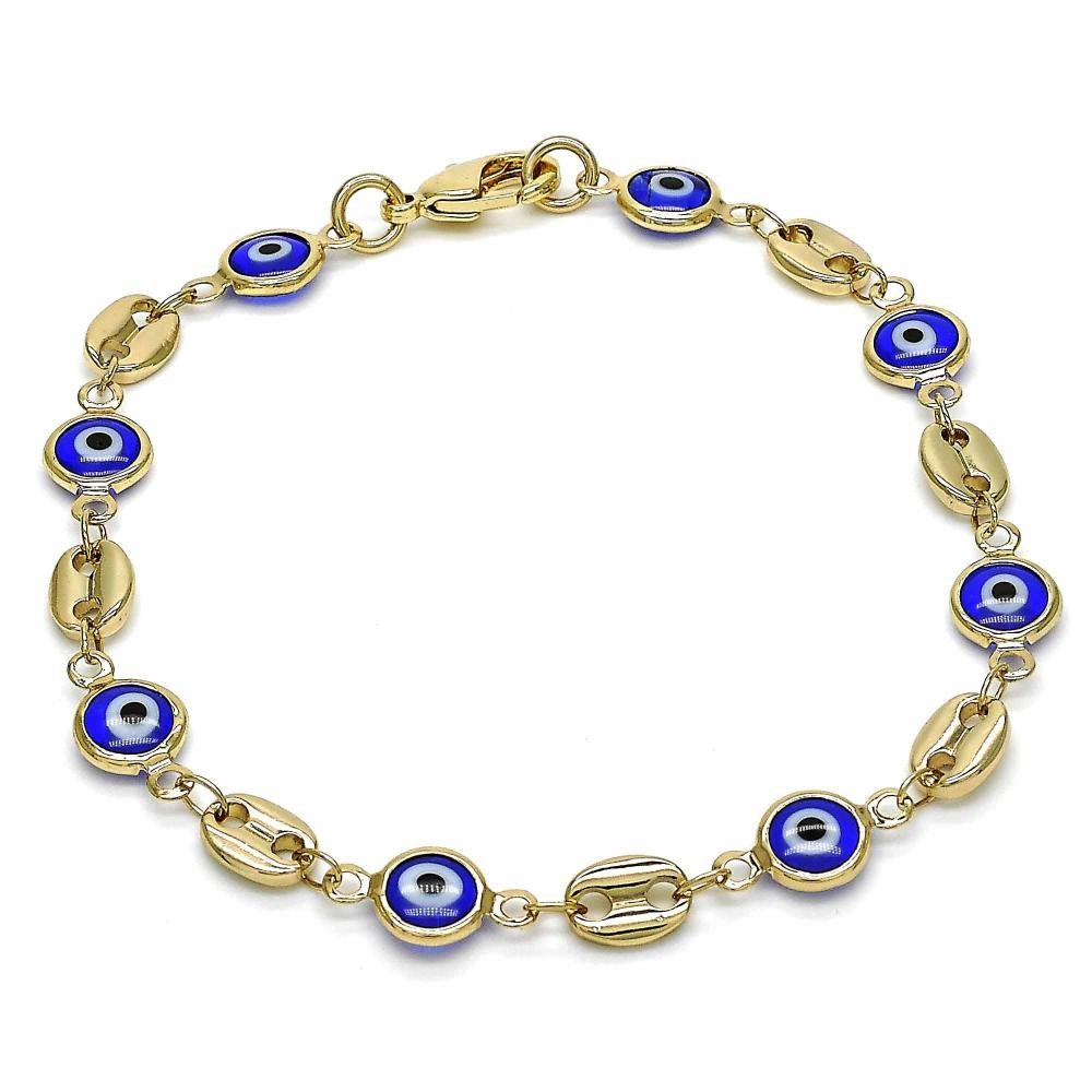 Gold Filled Fancy Bracelet Greek Eye Design Blue Resin Finish Golden Tone