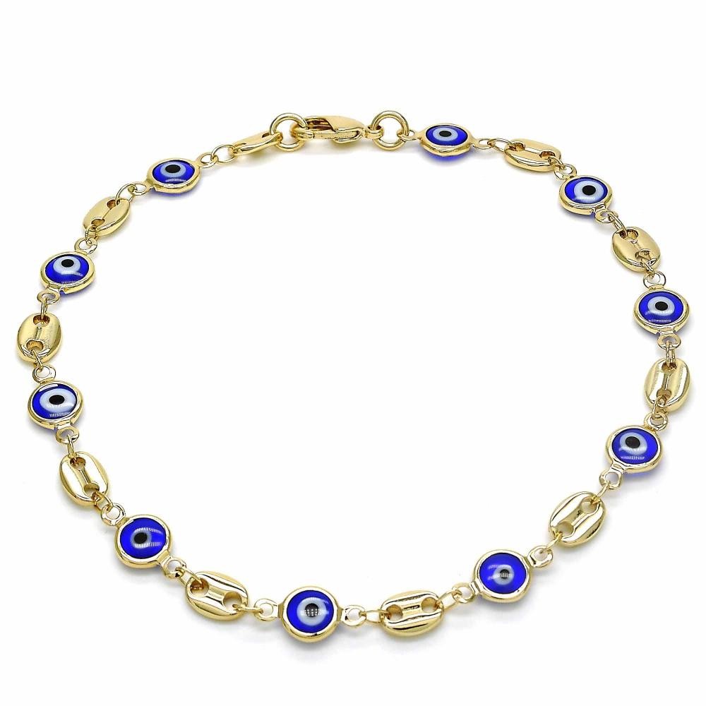 Gold Filled Fancy Anklet Greek Eye Design Blue Resin Finish Golden Tone