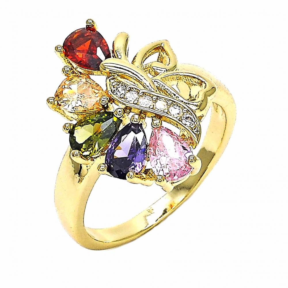 Gold Filled Multi Stone Ring Teardrop and Heart Design With Cubic Zirconia Golden Tone