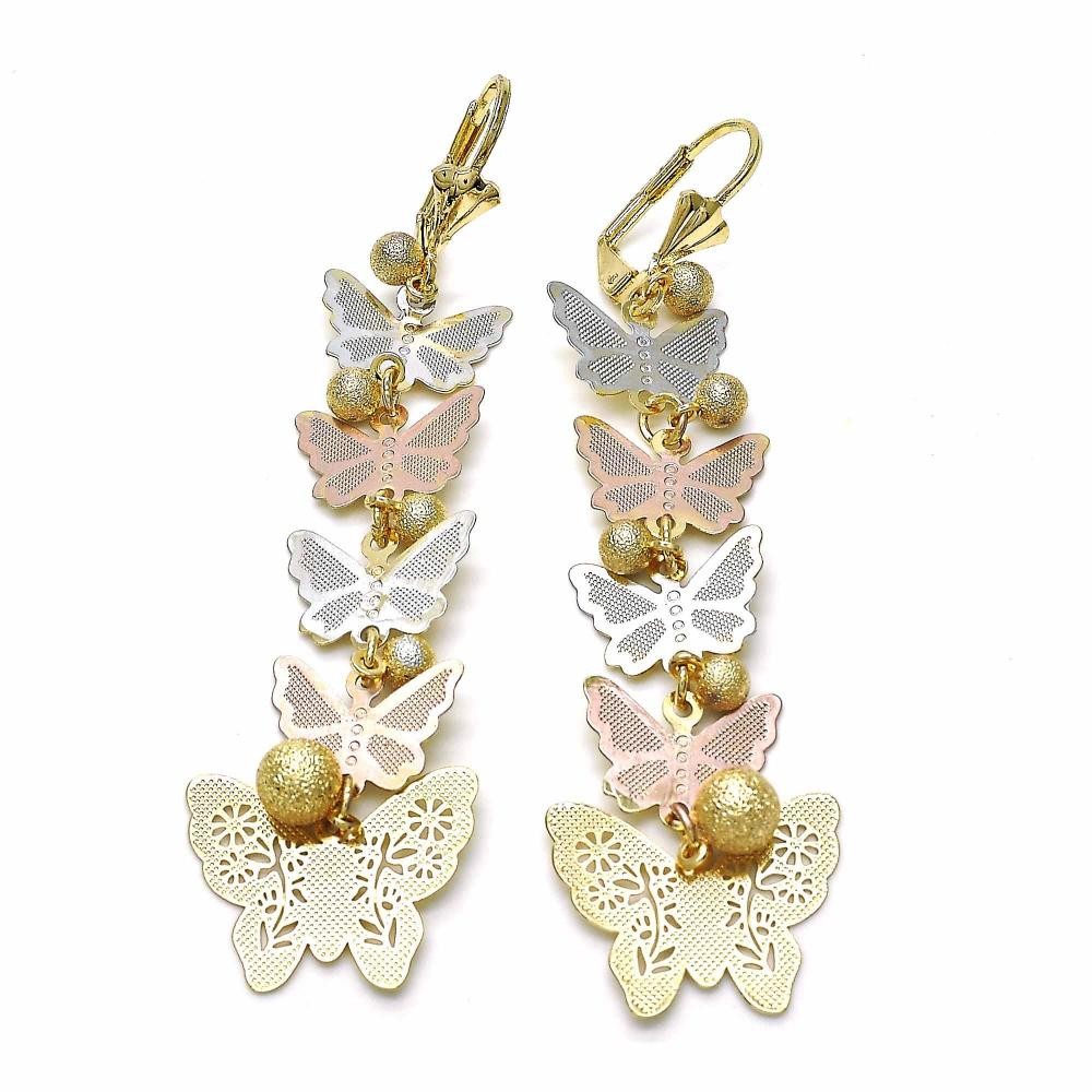 Gold Filled Long Earrings Butterfly and Ball Design Matte Finish Tri Tone