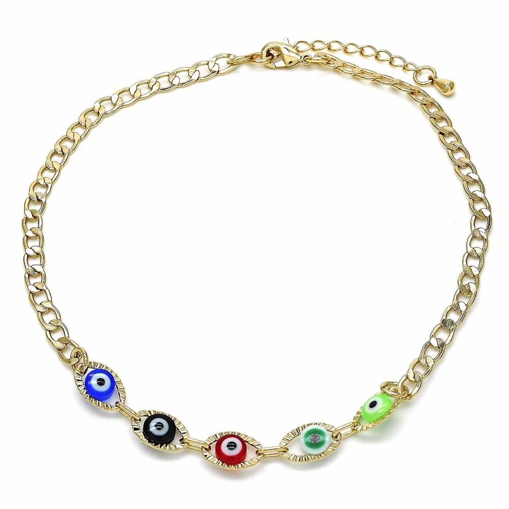 Gold Filled Fancy Anklet Greek Eye Design Multicolor Resin Finish Golden Tone