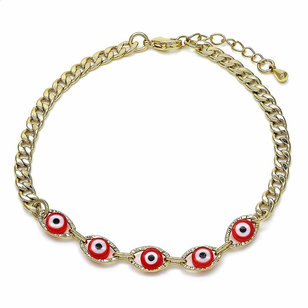 Gold Filled Greek Eye Design Fancy Bracelet Red Resin Finish Golden Tone
