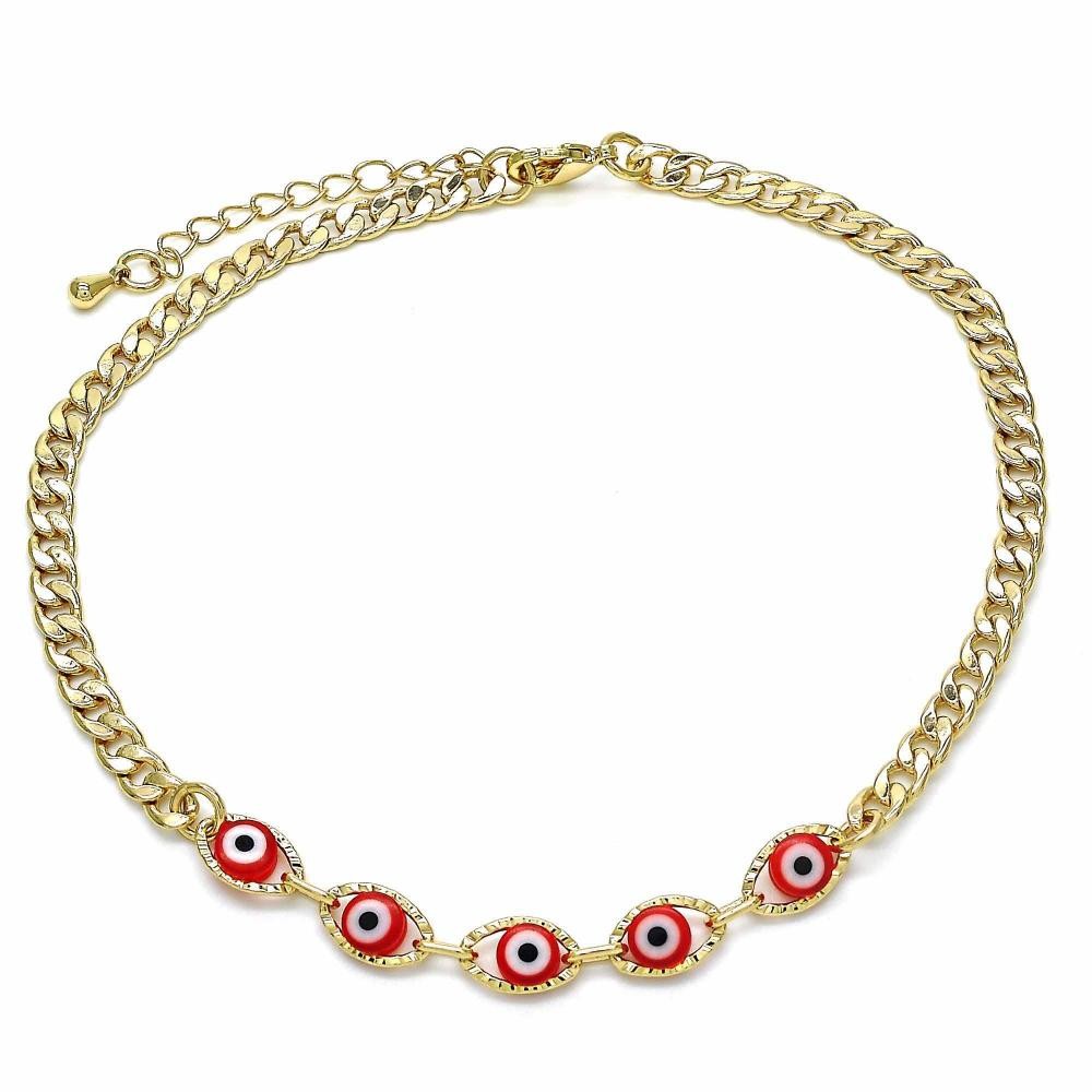Gold Filled Fancy Anklet Greek Eye Design Red Resin Finish Golden Tone