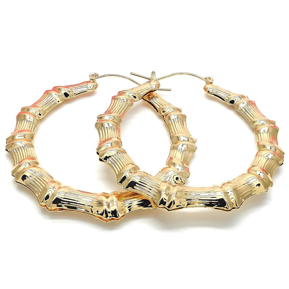 Gold Filled 60mm Hollow Bamboo Design Medium Hoop Earrings Golden Tone