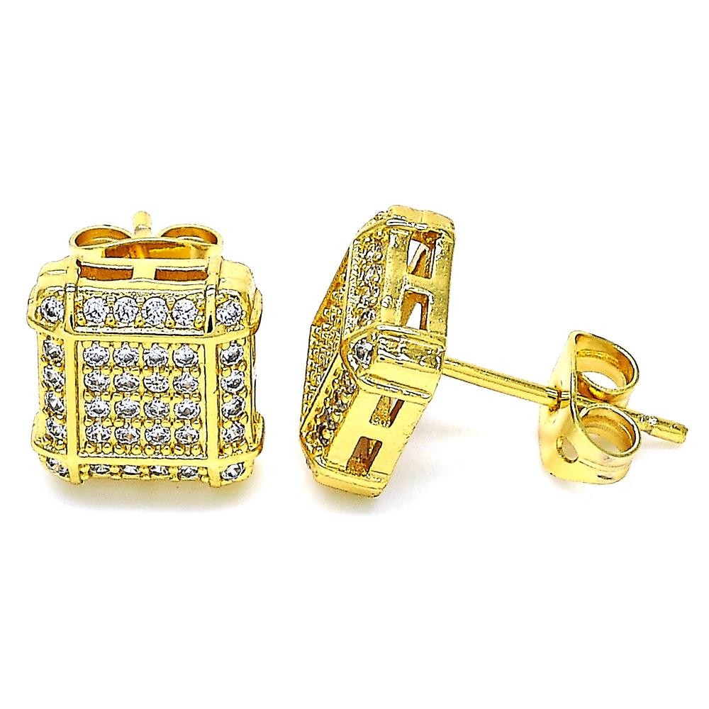 Gold Filled Stud Earrings With White Micro Pave Polished Finish Golden Tone