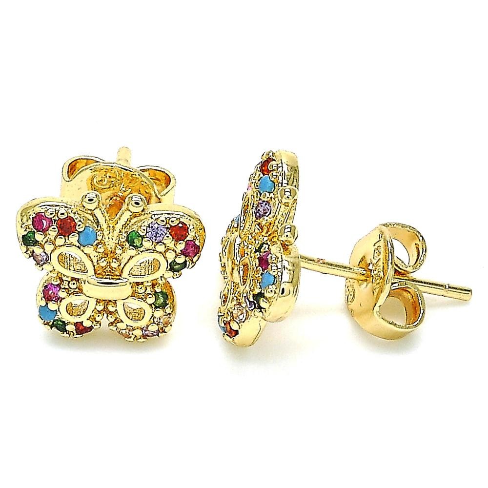 Gold Filled Stud Earring Butterfly Design With Micro Pave Golden Tone