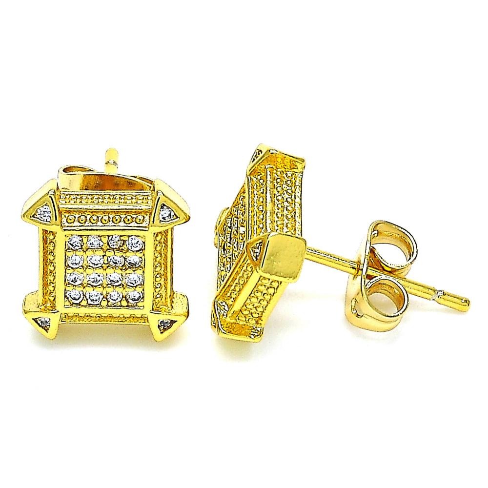 Gold Filled Stud Earrings With White Micro Pave Polished Finish Golden Tone