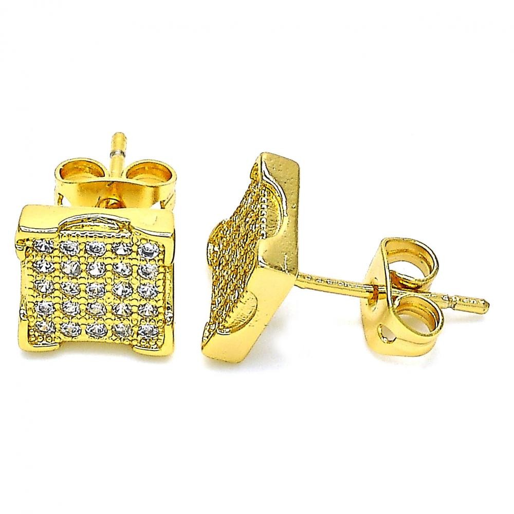 Gold Filled Stud Earrings With White Micro Pave Polished Finish Golden Tone