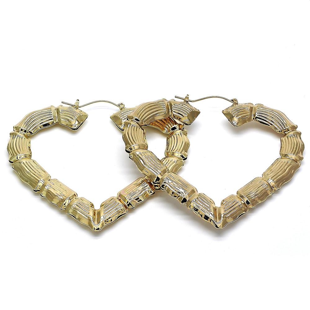 Gold Filled 85mm Medium Hoop Earrings Heart and Bamboo Design Golden Tone