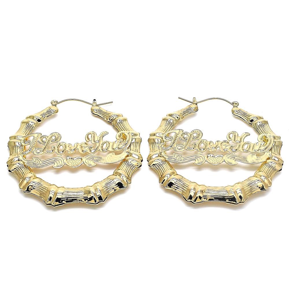 Gold Filled Large Hoop I Love You Nameplate and Bamboo Design Polished Golden Finish 65mm