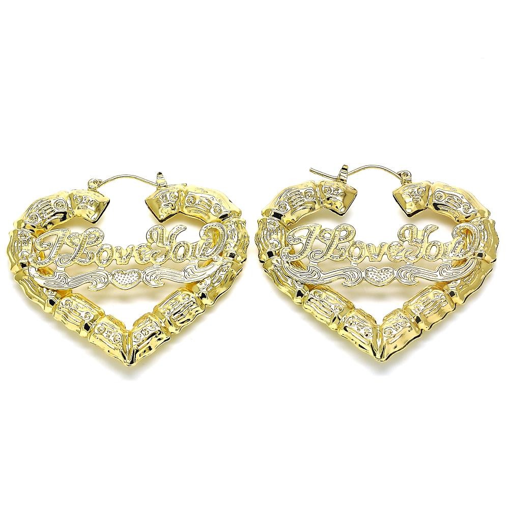 Gold Filled Large Hoop Heart Shape I Love You Nameplate Design Polished Golden Finish 55MM