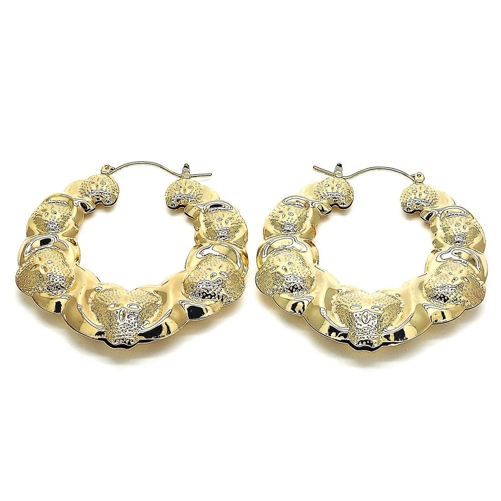 Gold Filled 55mm Medium Hoop Earrings Hugs and Kisses and Bamboo Design Golden Tone