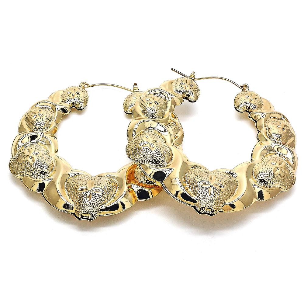 Gold Filled Medium Hoop Earrings Hugs and Kisses and Bamboo Design Golden Tone 65mm