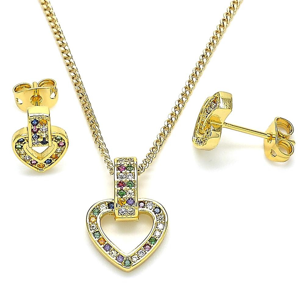 Gold Filled Earring and Pendant Set Heart Design With Multicolor Cubic Zirconia Polished Finish Golden Tone