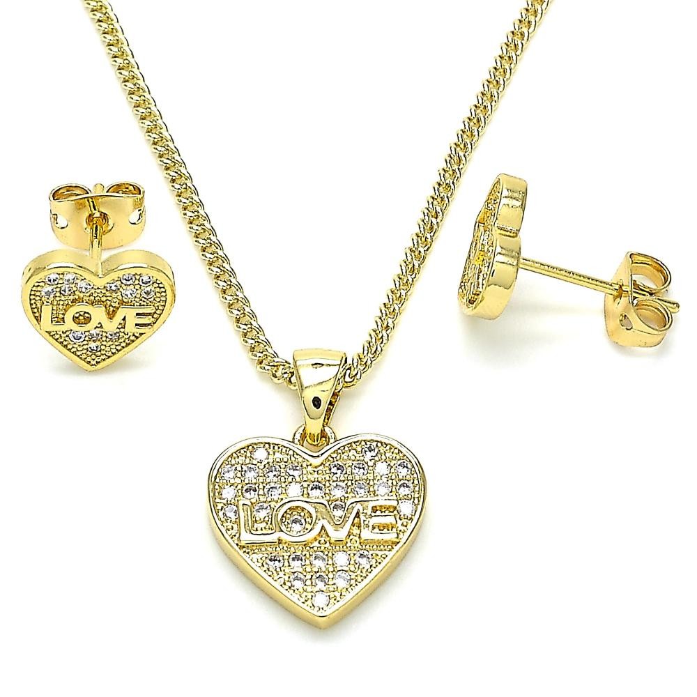 Gold Filled Earring and Pendant Set Heart and Love Design With White Cubic Zirconia Polished Finish Golden Tone