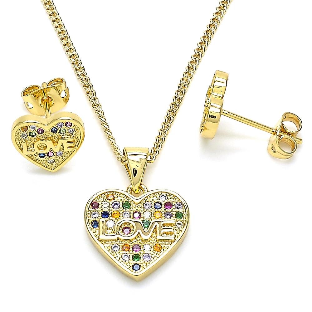 Gold Filled Earring and Pendant Set Heart and Love Design with Multicolor Cubic Zirconia Polished Finish Golden Tone