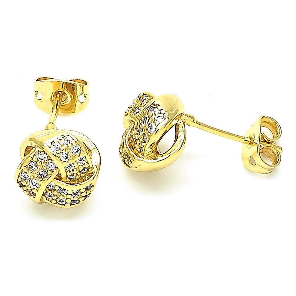 Gold Filled Stud Earring Love Knot Design With White Cubic Zirconia Polished Finish Golden Tone