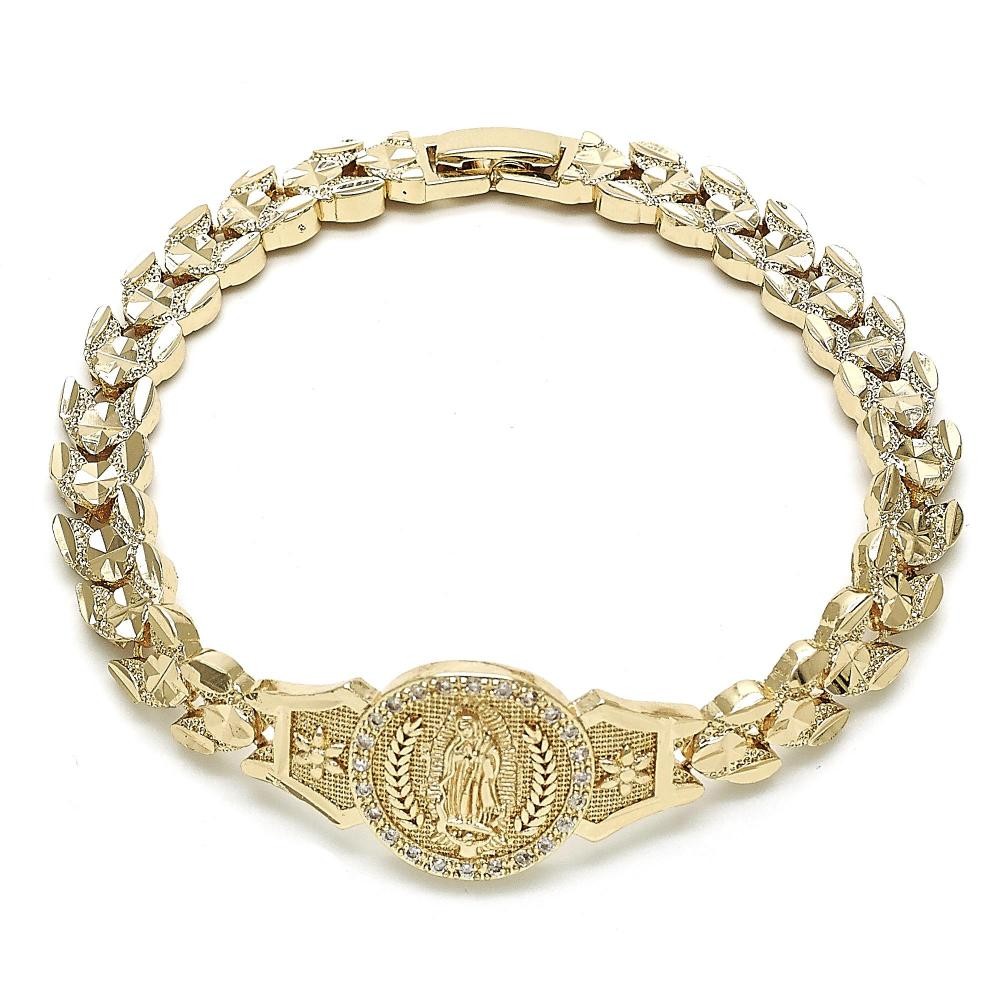 Gold Filled Fancy Bracelet Guadalupe and Flower Design With White Cubic Zirconia Diamond Cutting Finish Golden Tone
