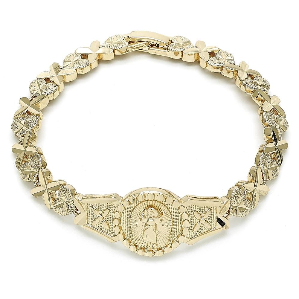 Gold Filled Fancy Bracelet Divino Niño and Heart Design Diamond Cutting Finish Golden Tone
