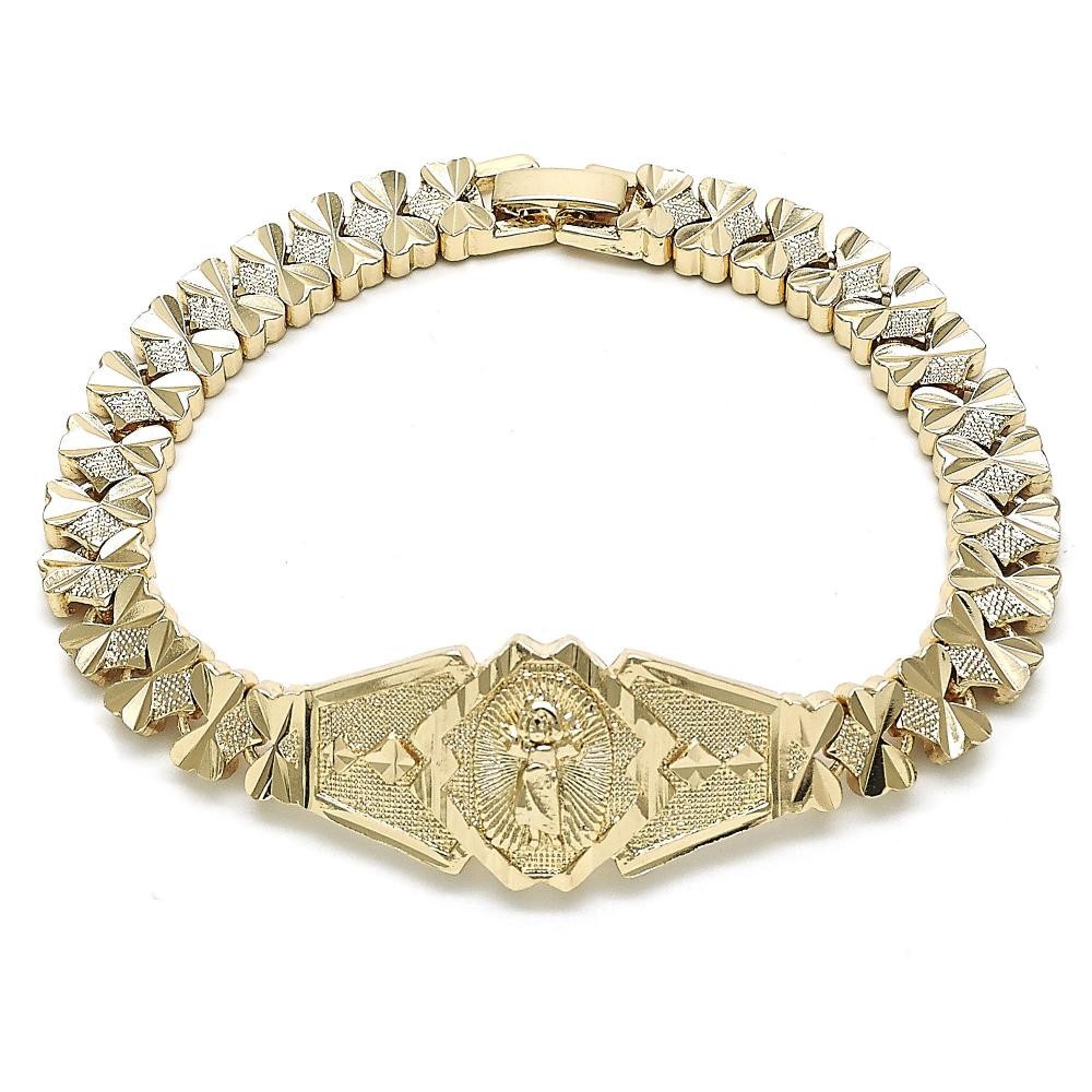 Gold Filled Fancy Bracelet Divino Niño and Heart Design Diamond Cutting Finish Golden Tone