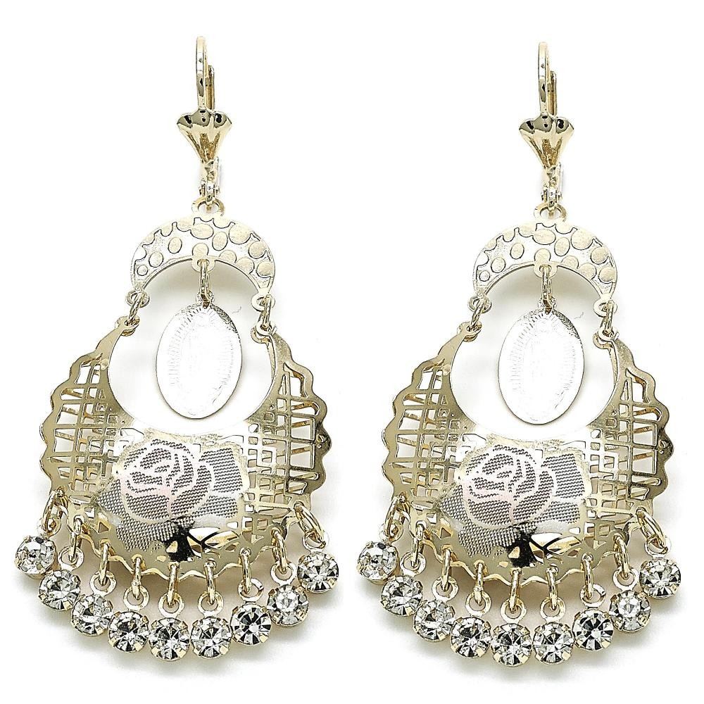 Gold Filled Chandelier Earring Guadalupe and Flower Design With White Crystal Polished Finish Tri Tone