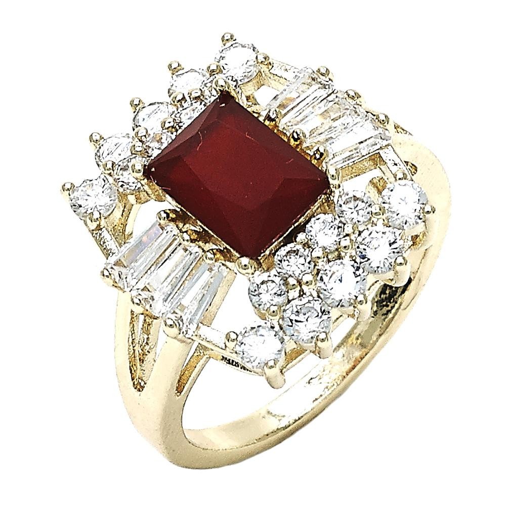 Gold Finish Multi Stone Ring with Ruby and White Cubic Zirconia Polished Golden Tone