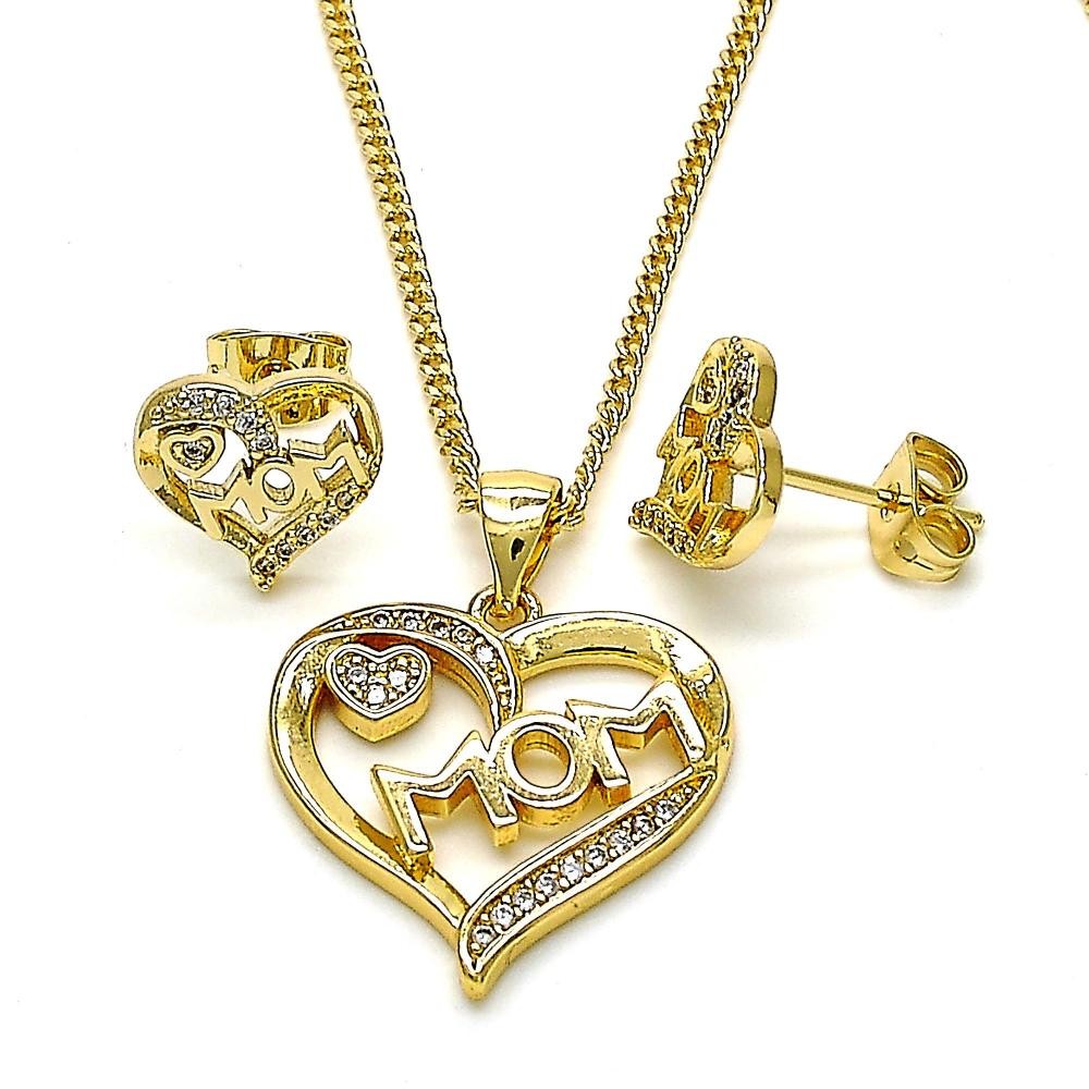 Gold Filled Earring and Pendant Set Mom and Heart Design With White Micro Pave Polished Finish Golden Tone