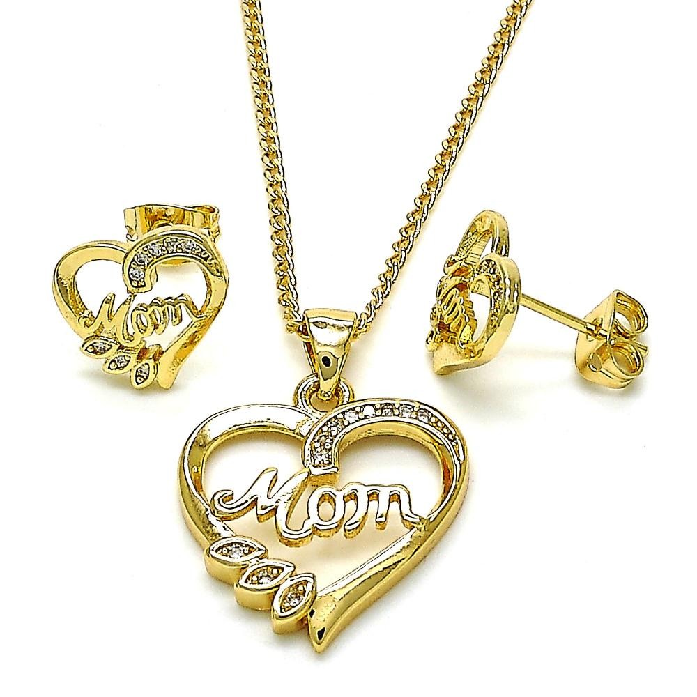 Gold Filled Earring and Pendant Set Mom and Heart Design With White Micro Pave Polished Finish Golden Tone