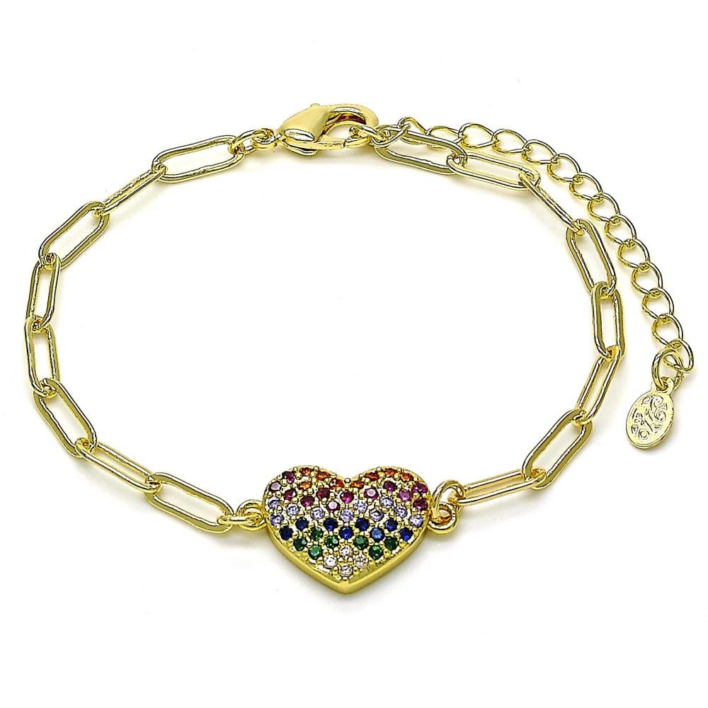 Gold Filled Fancy Bracelet Heart and Paperclip Design With Multicolor Cubic Zirconia Polished Finish Golden Tone