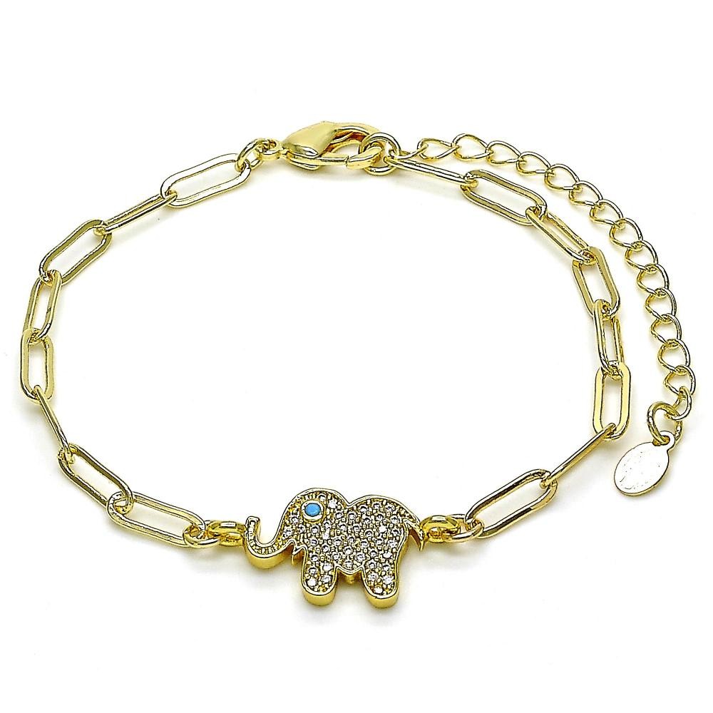 Gold Filled Fancy Bracelet Elephant and Paperclip Design With Turquoise and White Micro Pave Polished Finish Golden Tone