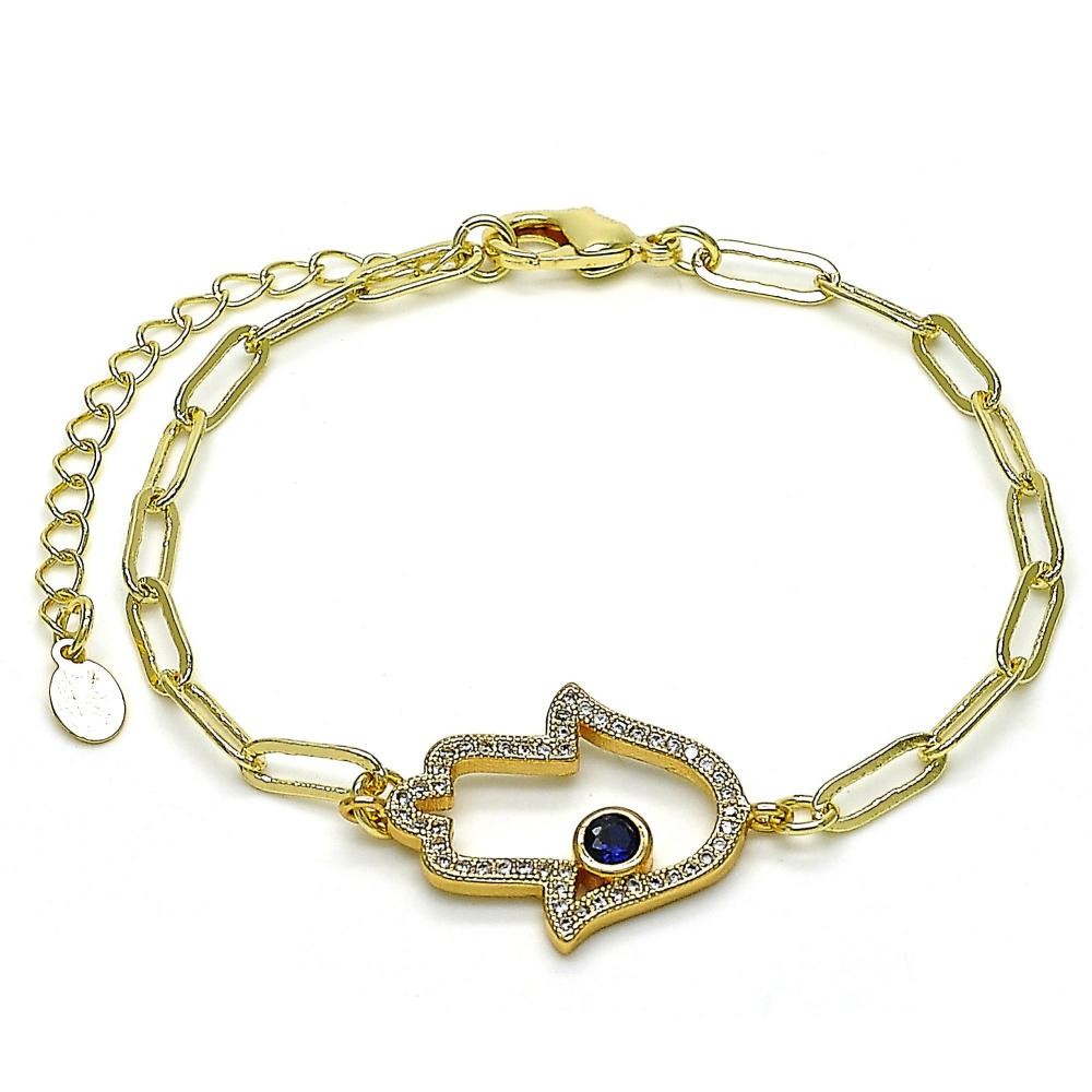 Gold Filled Fancy Bracelet Hand of God and Paperclip Design With Sapphire Blue Cubic Zirconia and White Micro Pave Polished Finish Golden Tone