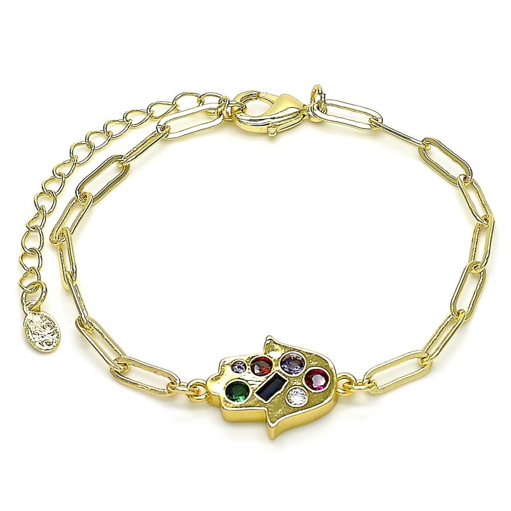 Gold Filled Fancy Bracelet Hand of God and Paperclip Design With Multicolor Cubic Zirconia Polished Finish Golden Tone