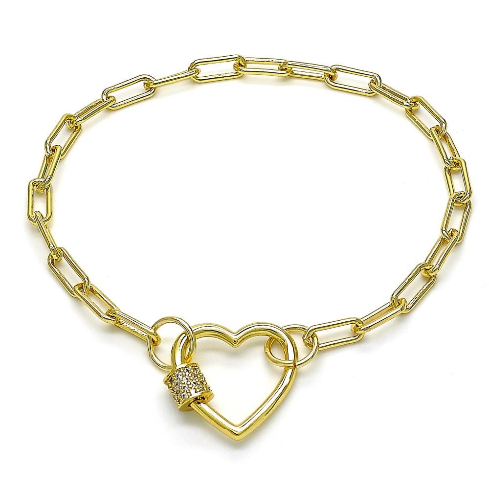 Gold Filled Fancy Bracelet Paperclip and Heart Design With White Micro Pave Polished Finish Golden Tone