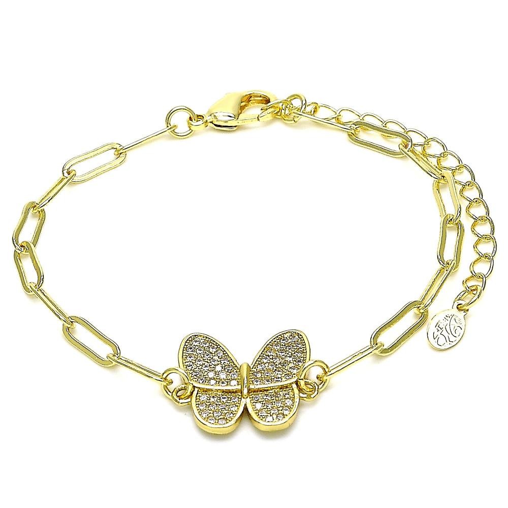 Gold Filled Fancy Bracelet Polished Finish Golden Tone Butterfly and Paperclip Design With White Micro Pave Polished Finish Golden Tone