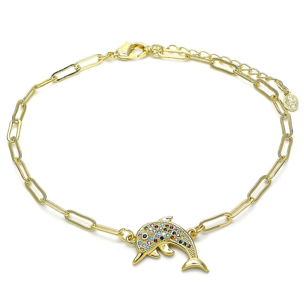 Gold Filled Paper Clip & Dolphin Design Ankle Bracelet With Multicolor CZ 10"