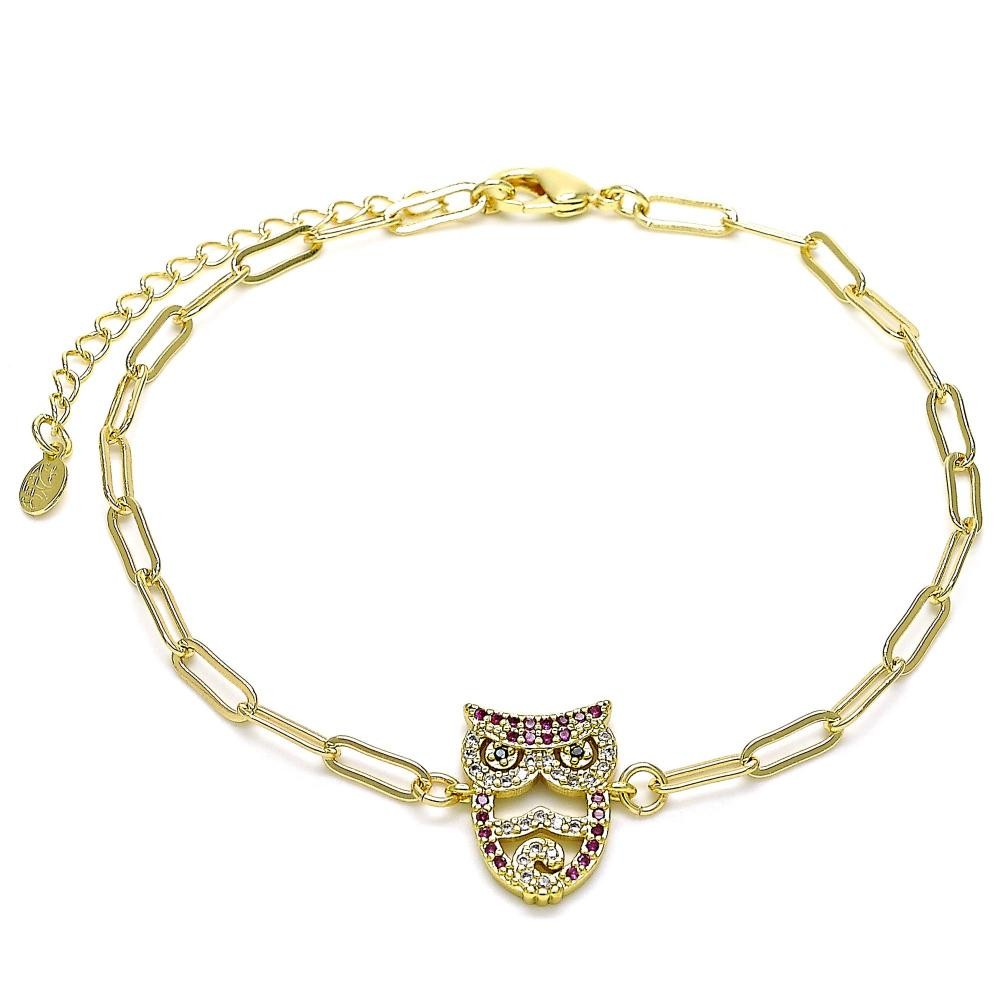 Gold Filled Fancy Anklet Owl and Paperclip Design With Multicolor Micro Pave Polished Finish Golden Tone