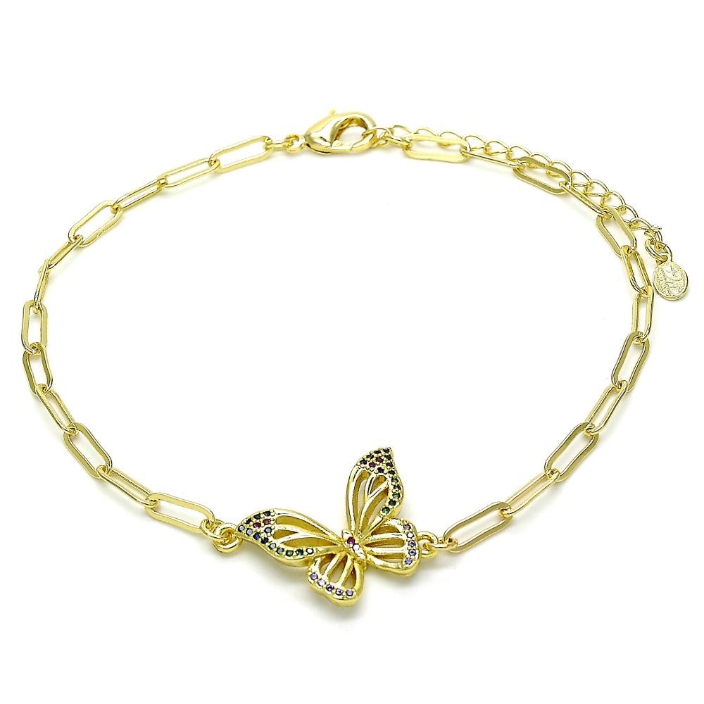 Gold Filled Fancy Anklet Butterfly and Paperclip Design With White Micro Pave Polished Finish Golden Tone