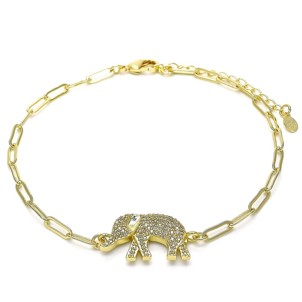 Gold Filled Fancy Anklet Elephant and Paperclip Design With White Micro Pave Polished Finish Golden Tone