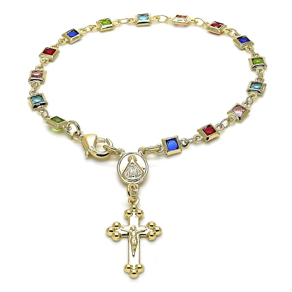 Gold Filled Bracelet Rosary Polished Finish Golden Tone Caridad del Cobre and Crucifix Design With Multicolor Crystal Polished Finish Golden Tone
