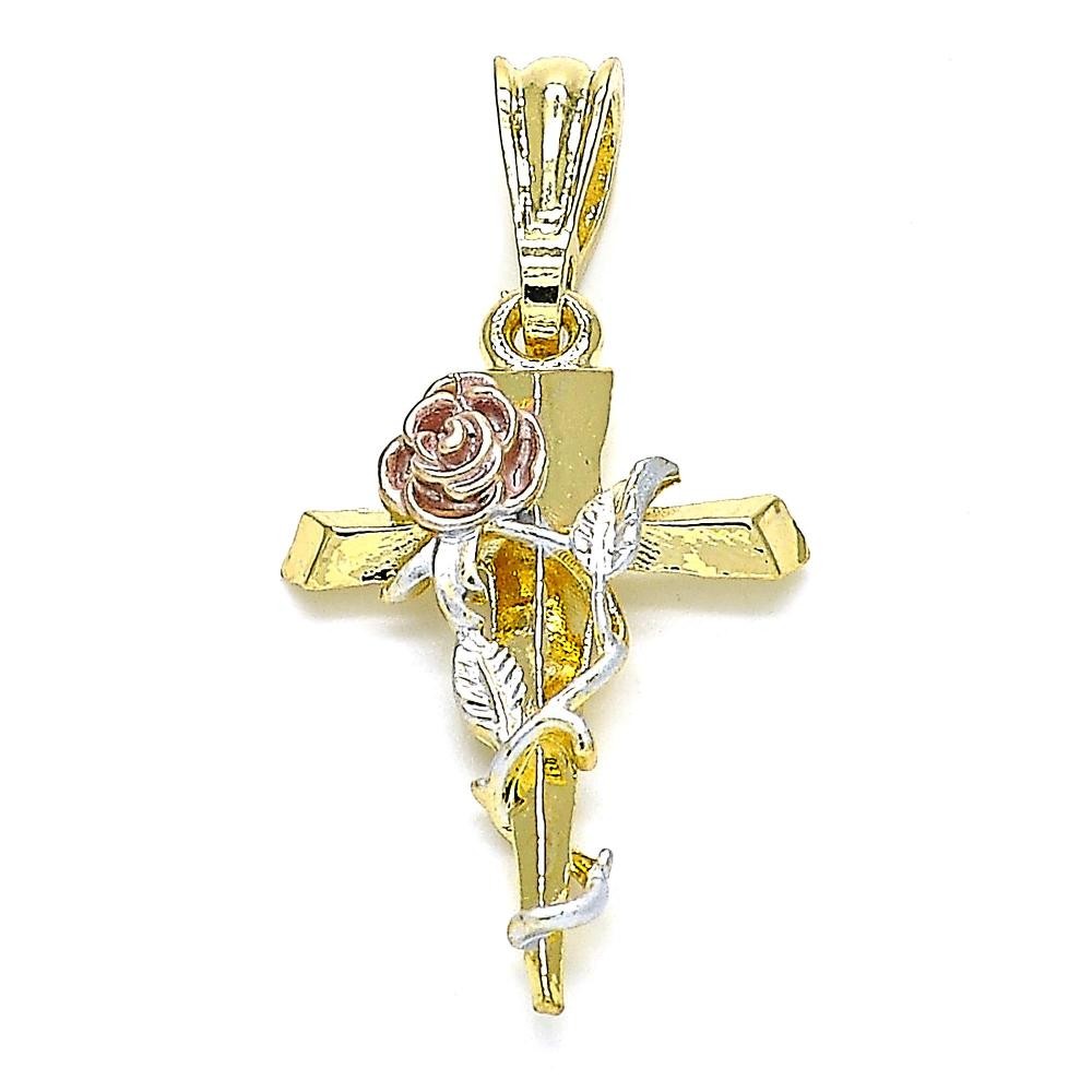 Gold Filled Fancy Pendant Cross and Flower Design Polished Finish Tri Tone