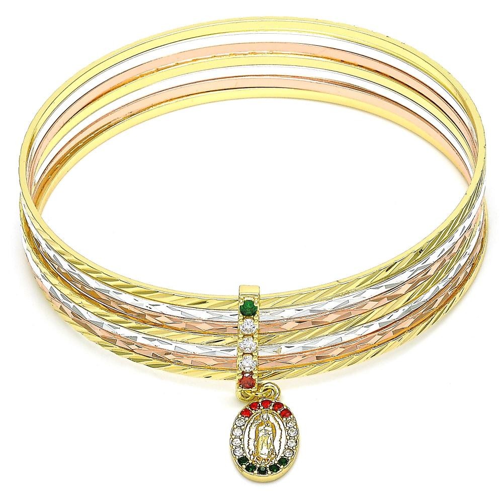 Gold Filled Semanario Bangle Guadalupe Design With Multicolor Crystal Diamond Cutting Finish Tri Tone (02 MM Thickness, Size 6 - 2.75 Diameter)