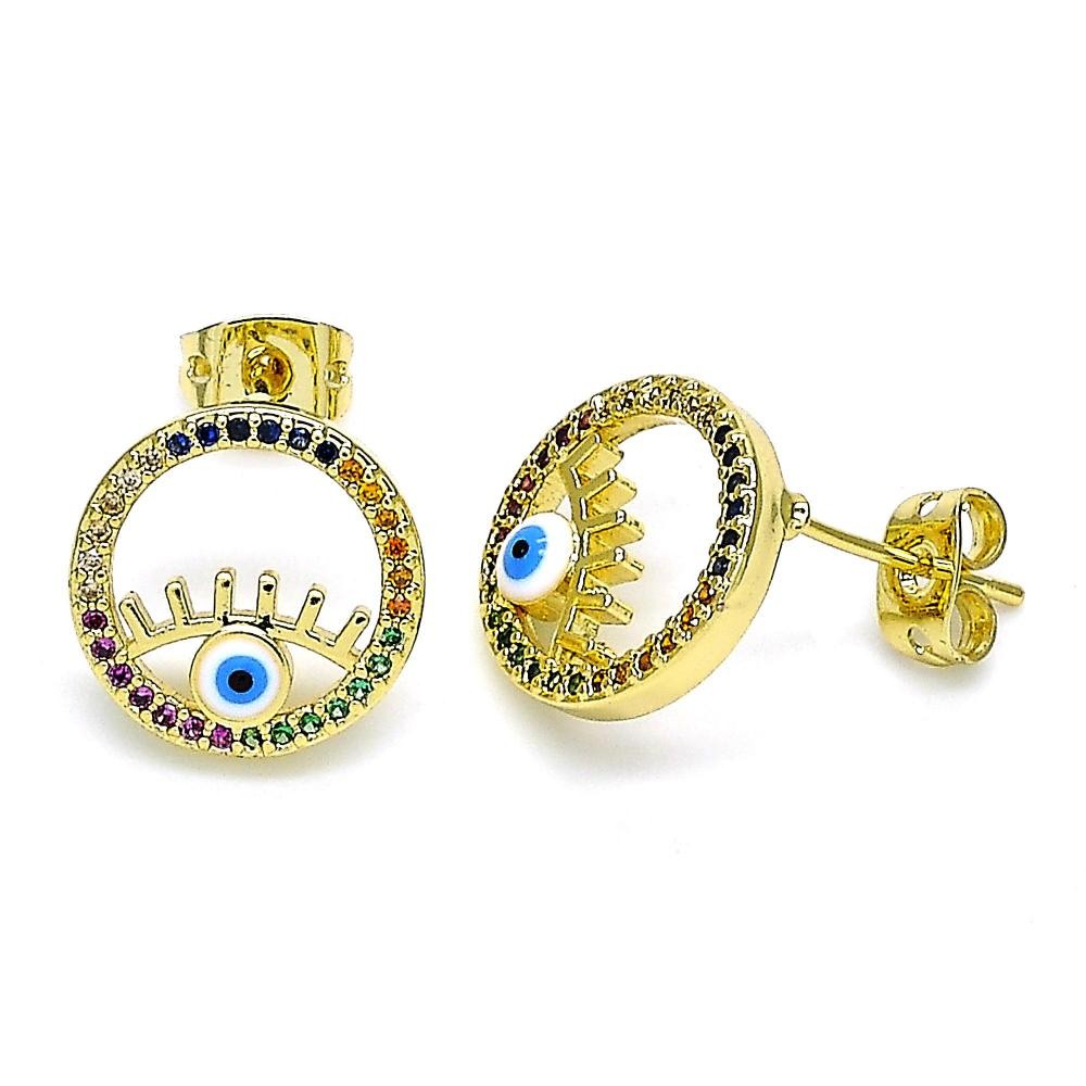 Gold Filled Greek Eye Design Stud Earrings With Multicolor Micro Pave Blue Enamel Finish Golden Tone