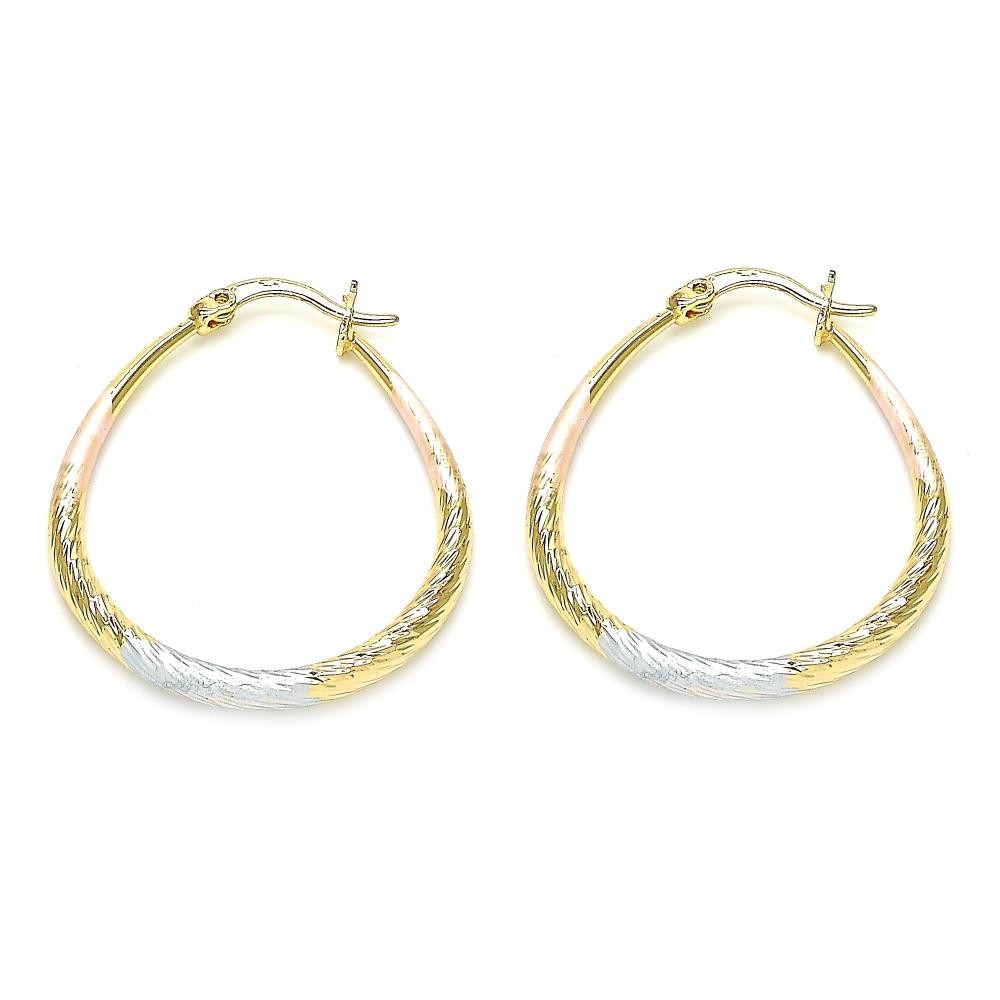 Gold Filled 30mm Medium Hoop Earrings Teardrop and Hollow Design Diamond Cutting Finish Tri Tone