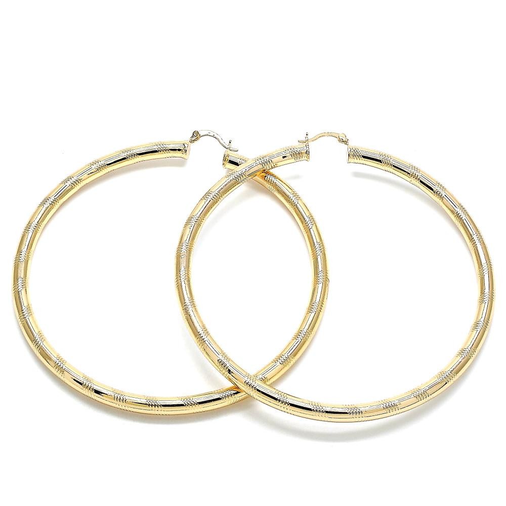 Gold Filled 2x90mm Extra Large Hoop Hollow Design Diamond Cutting Finish Golden Tone