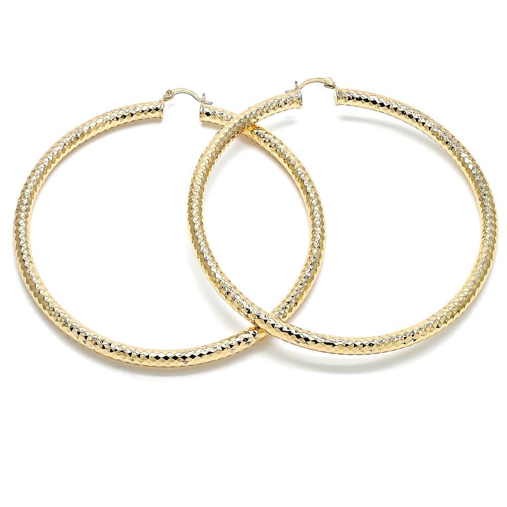 Gold Filled 2x90mm Extra Large Hoop Hollow Design Diamond Cutting Finish Golden Tone